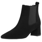 Black suede ankle boot with block heel and elastic side panel, perfect for stylish women's fall fashion. Elegant footwear for versatile outfits.