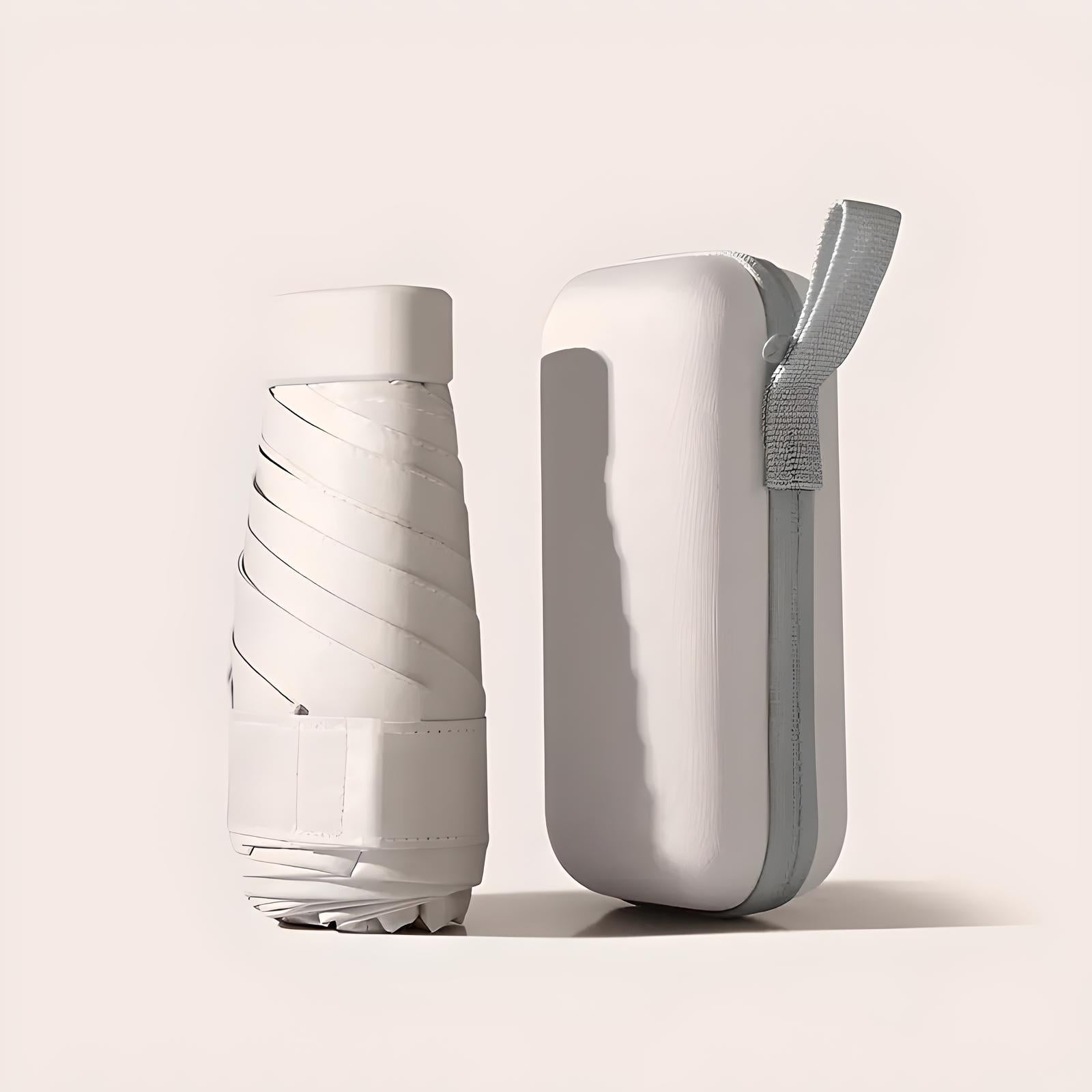 Foldable white water bottle with protective carrying case, featuring a sleek design and compact portability. Ideal for travel and outdoor activities.