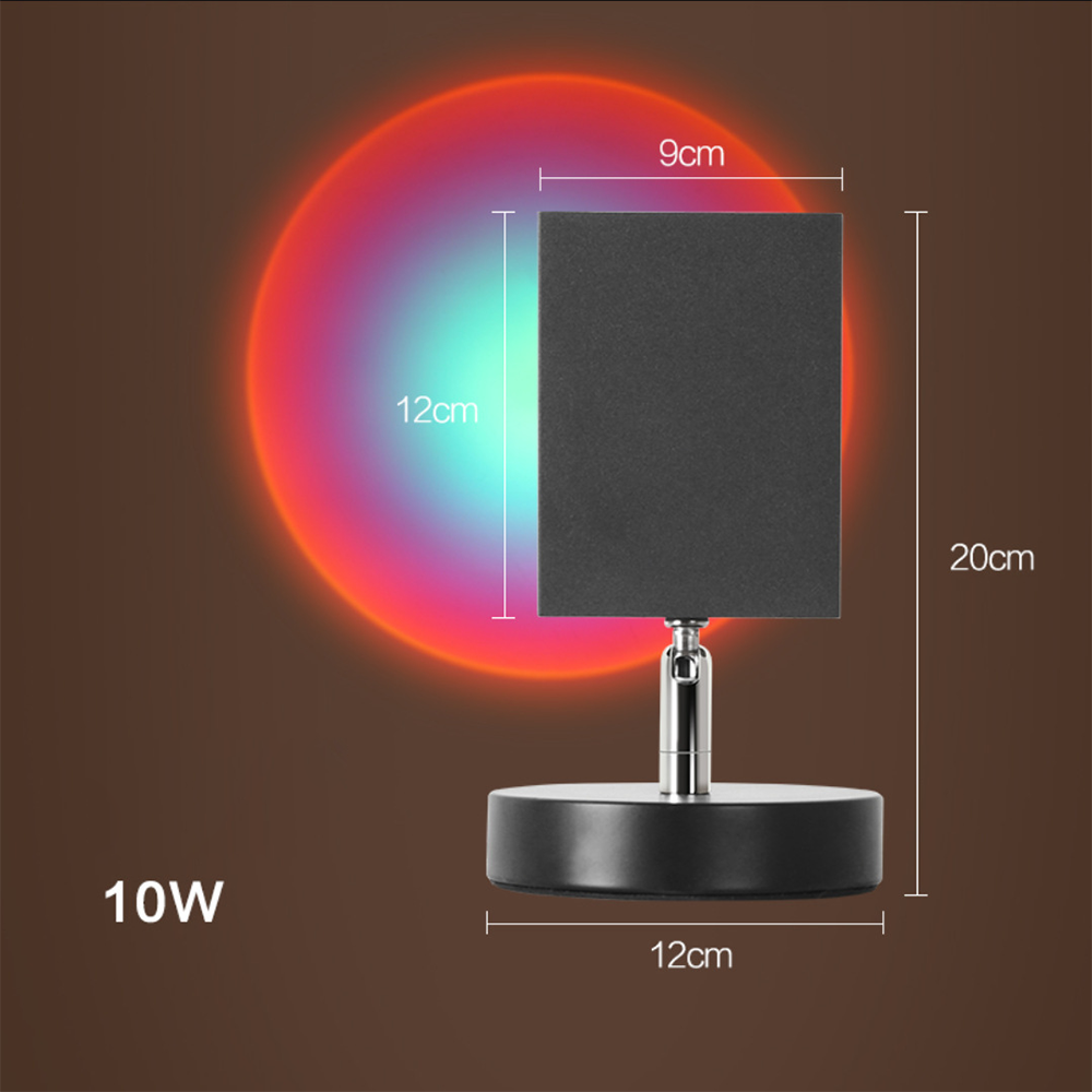 10W LED sunset projection lamp with adjustable head, black base, and colorful gradient light effect, ideal for ambient home lighting and decor.