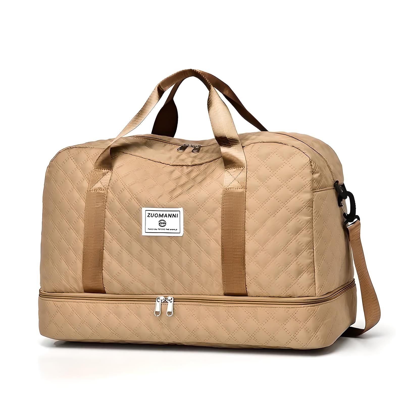 Quilted beige duffel bag with dual handles, detachable shoulder strap, and front logo patch. Ideal for travel, gym, or weekend trips.