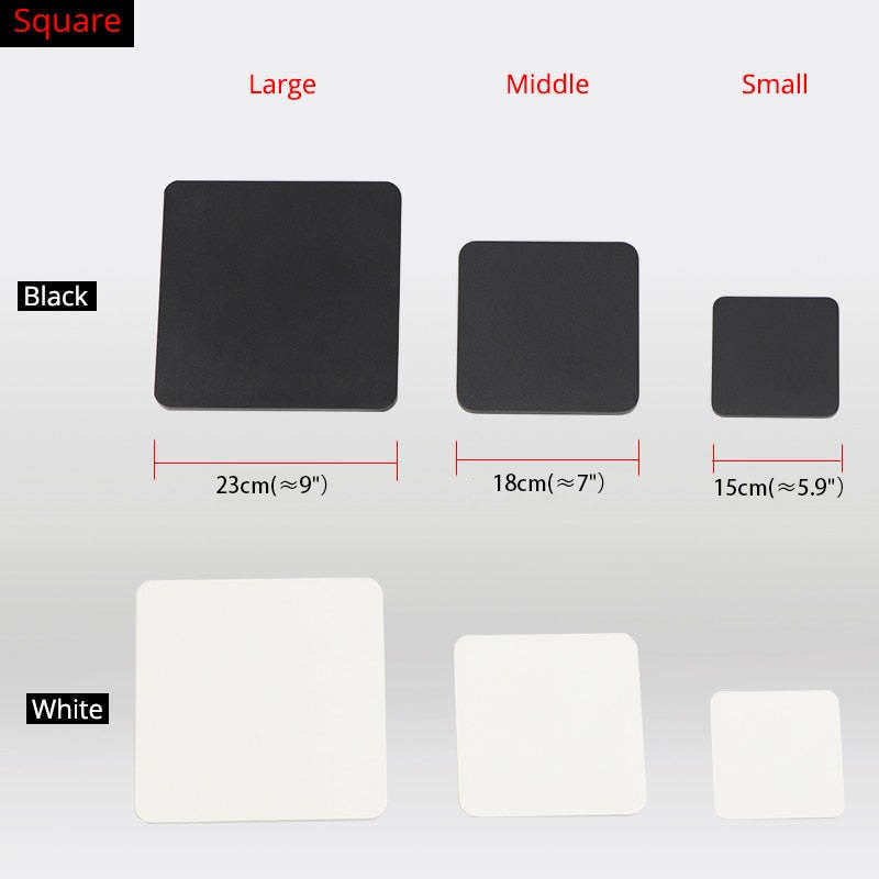 Black and white square mouse pads in three sizes: large (23cm), middle (18cm), and small (15cm). Perfect for office and gaming setups.