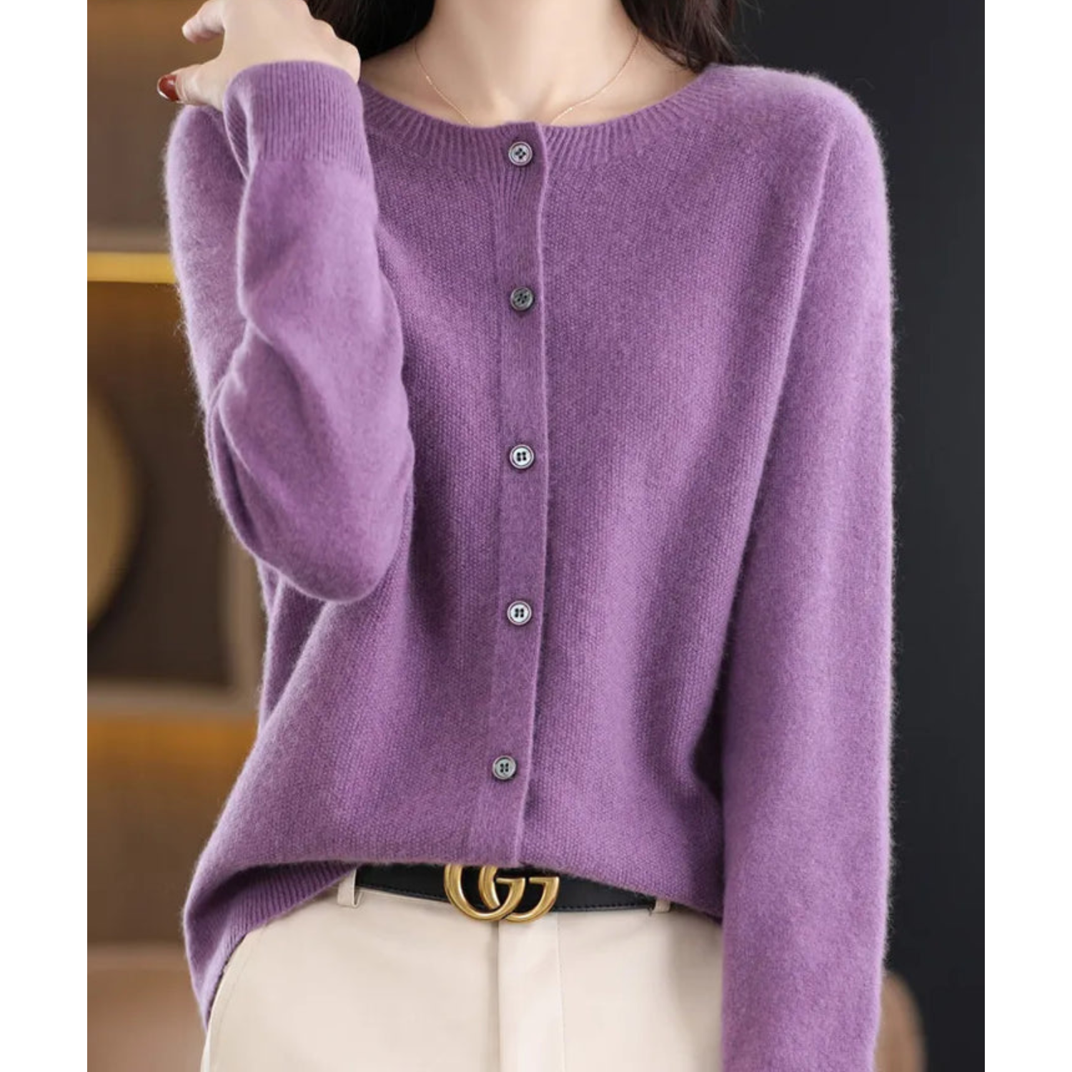 Purple cashmere cardigan with buttons, women's fashion, soft knitwear, elegant casual style.