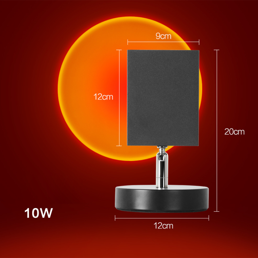 Modern black LED desk lamp with rectangular shade, 10W power, dimensions 20cm height, 12cm base, 9cm shade width, against vibrant orange background.