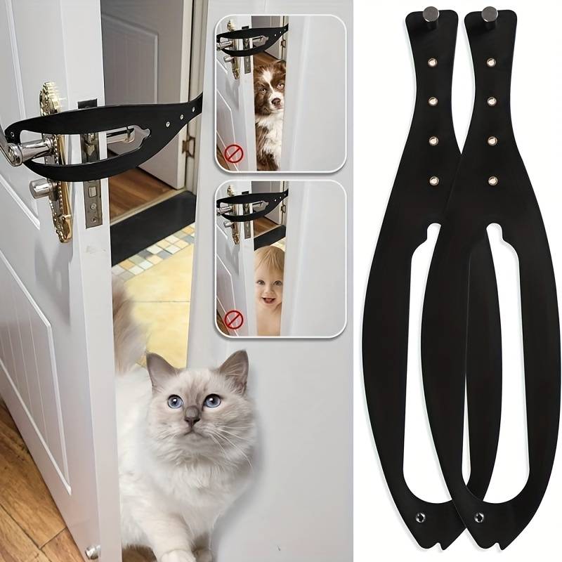 Door safety strap for pets and children, black metal design, prevents door slamming, childproof, pet-friendly, home safety accessory.