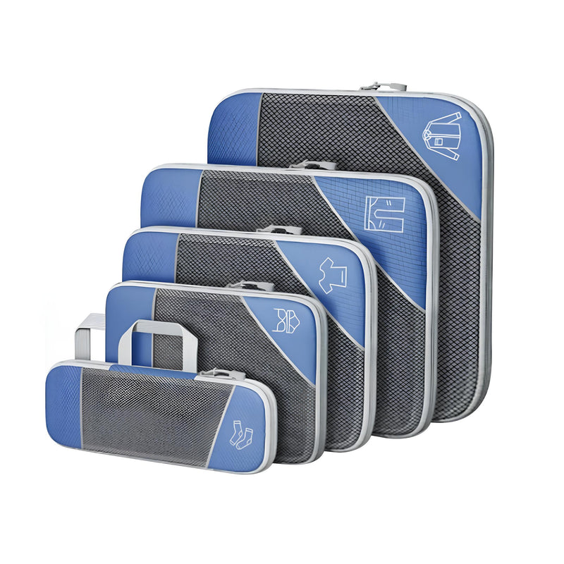 Set of five blue and gray travel packing cubes with zippers, featuring mesh panels for visibility and organization. Ideal for efficient luggage packing.