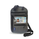 Gray travel neck wallet with transparent ID window displaying a New York State driver's license, featuring multiple zippered compartments and adjustable strap.