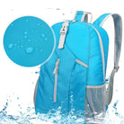 Waterproof blue backpack with adjustable straps, front zipper pocket, and mesh side pockets. Ideal for travel and outdoor activities.