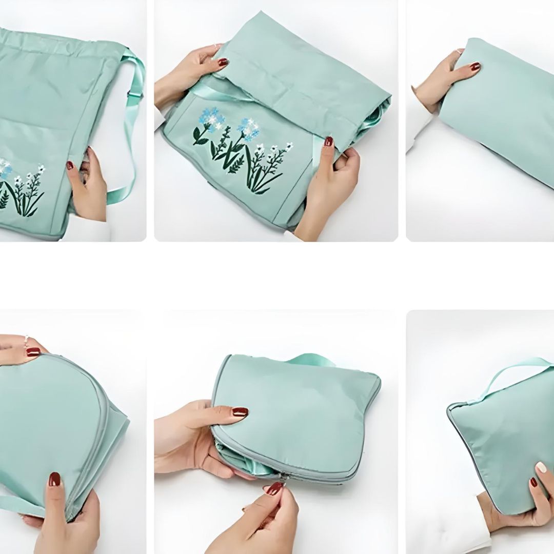 Foldable mint green travel bag with floral embroidery, shown in six steps of folding process. Compact, lightweight, ideal for travel and storage.