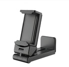 Adjustable black phone stand with foldable design, ideal for desk use. Portable smartphone holder for hands-free viewing. Durable and sleek.