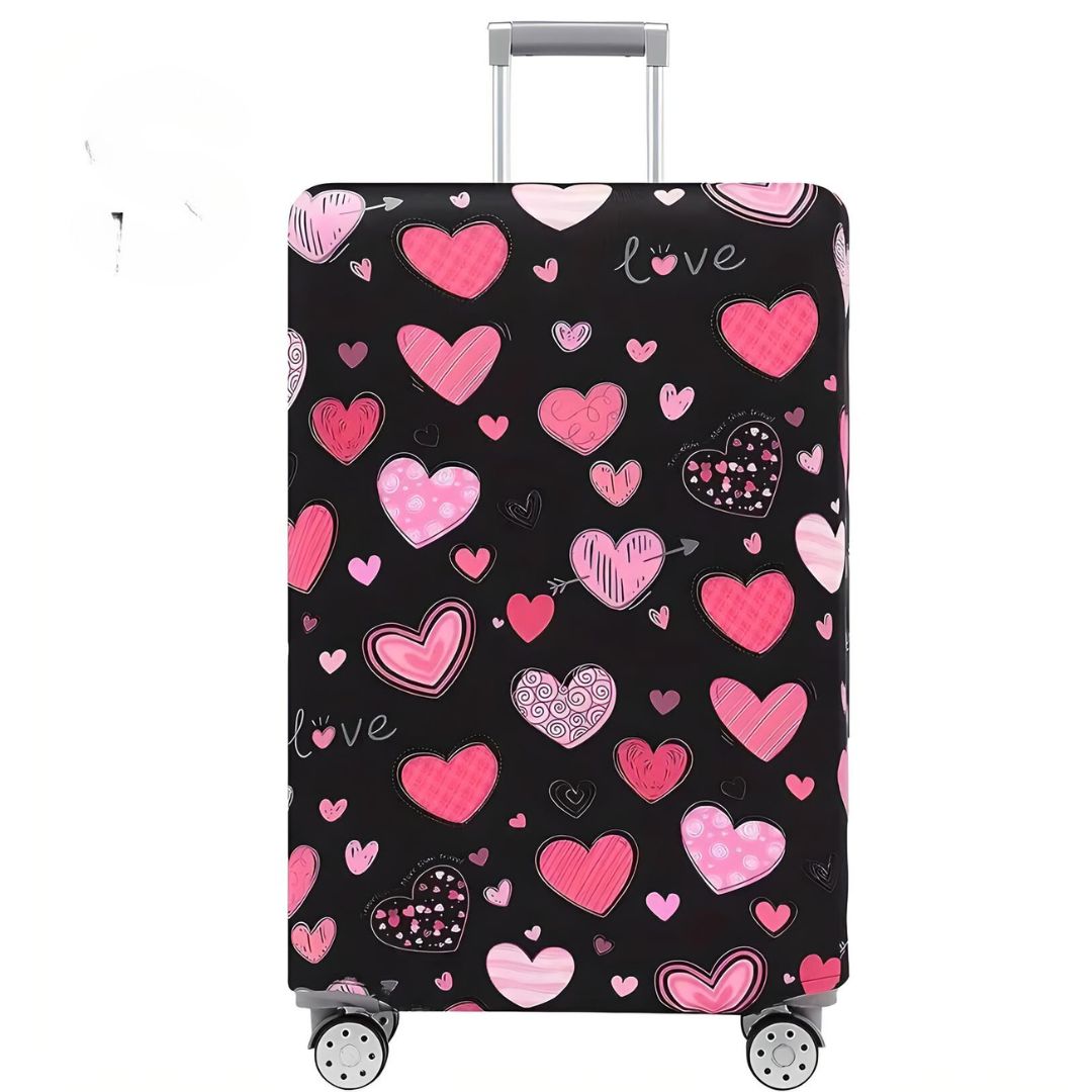 Black suitcase with pink heart pattern, love-themed luggage cover, travel accessory, protective suitcase cover, stylish travel gear.