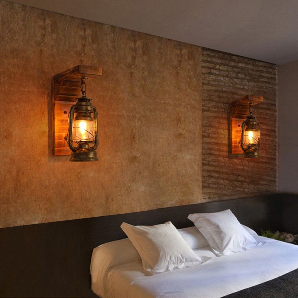 Vintage wall-mounted lanterns with warm Edison bulbs illuminate a rustic bedroom, featuring exposed brick and wood accents, enhancing cozy ambiance.