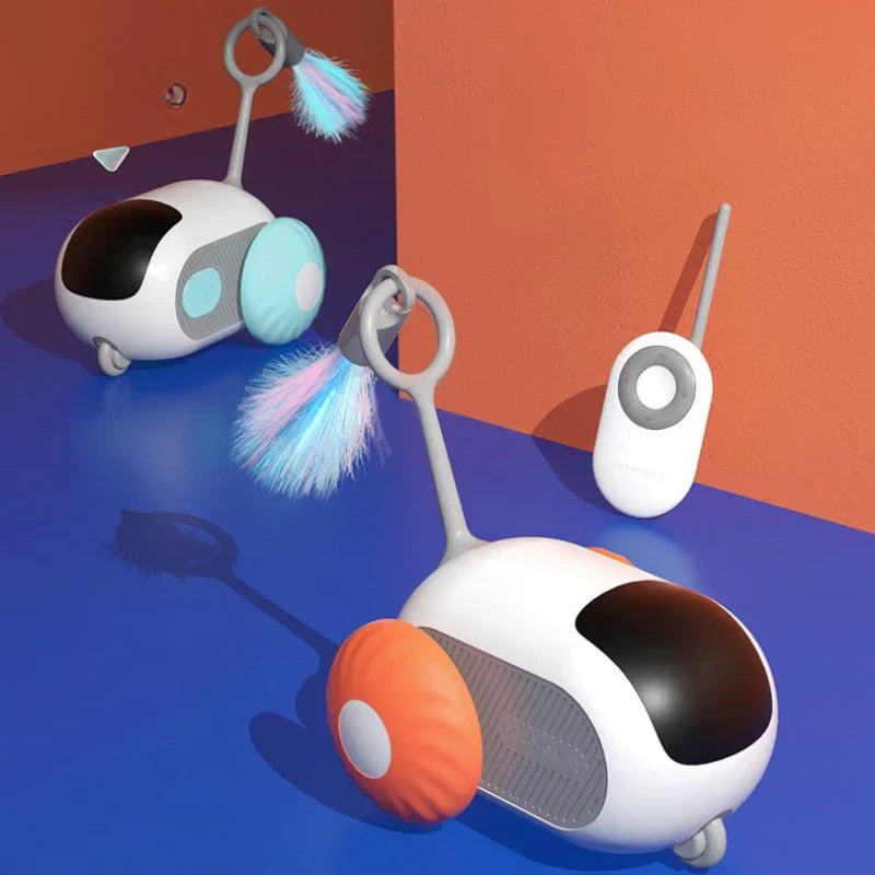 Interactive cat toy with colorful feathers and remote control, designed for playful pet engagement. Features vibrant wheels and sleek design.