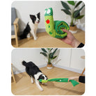 Dog playing with a green snake-shaped plush toy in a modern living room; interactive pet toy, durable dog chew toy, indoor pet playtime.