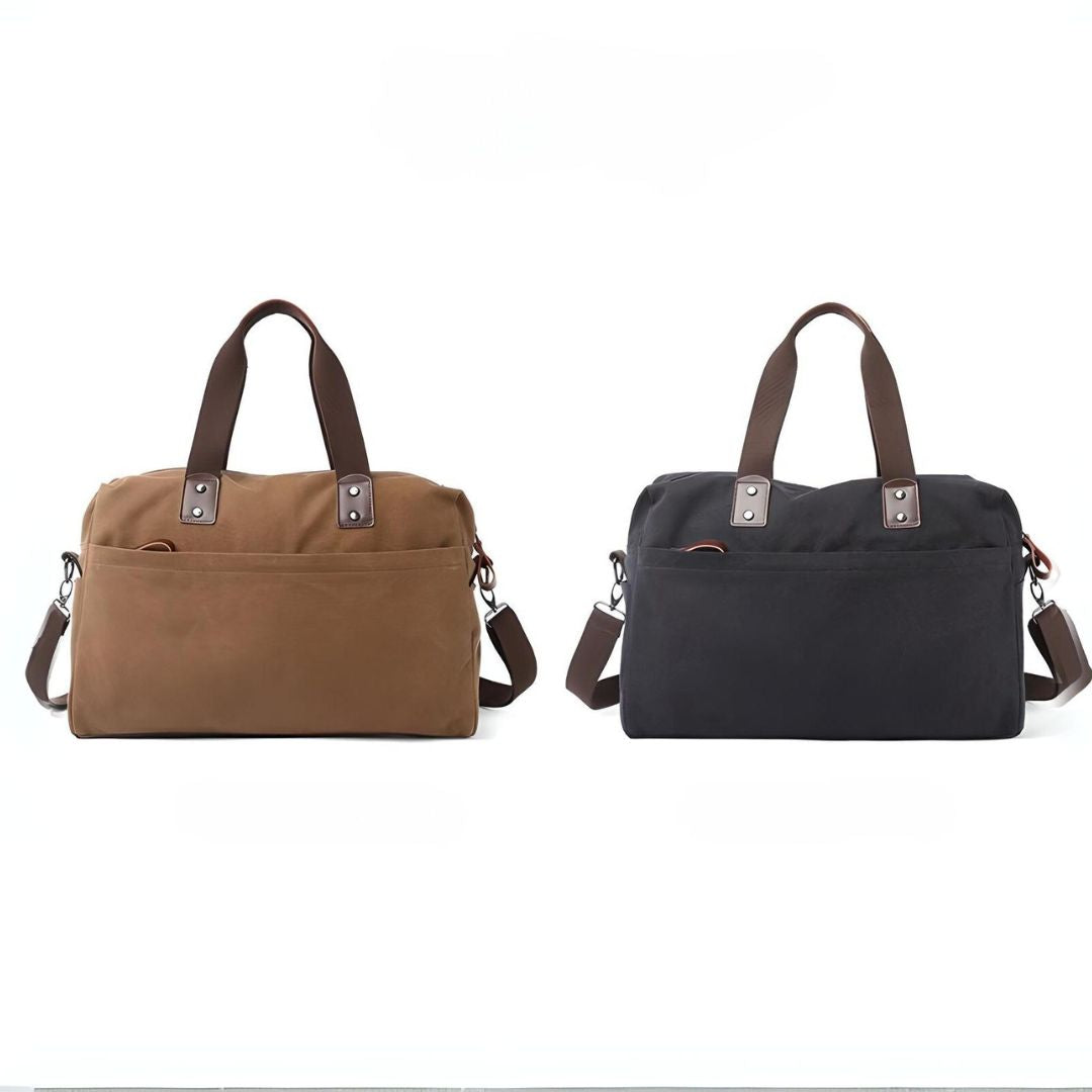 Two stylish duffel bags in brown and black with leather handles and detachable shoulder straps, perfect for travel or gym use.