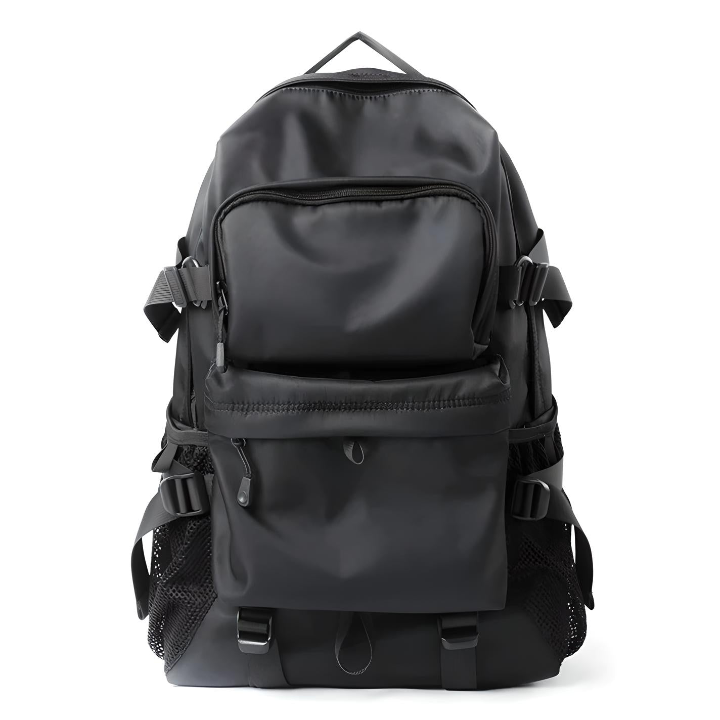 Sleek black backpack with multiple compartments, adjustable straps, and mesh side pockets, ideal for travel, hiking, or school. Durable and stylish design.