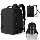 Black travel backpack with multiple compartments, adjustable straps, and luggage sleeve. Ideal for business trips, hiking, and daily use. Durable and versatile.