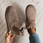 Women's brown suede ankle boots with faux fur lining, elastic side panels, and non-slip soles. Perfect for winter fashion and casual wear.