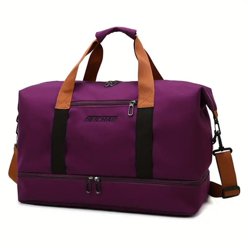 Purple travel duffel bag with brown handles, black accents, and multiple compartments. Ideal for gym, sports, or weekend trips. Durable and stylish design.