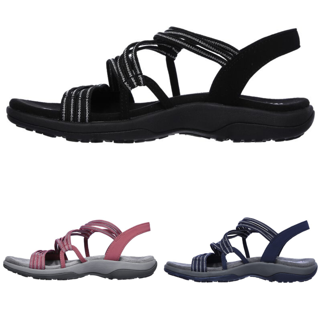 Women's strappy sandals in black, pink, and navy with cushioned soles. Perfect for summer, casual wear, and outdoor activities. Comfortable and stylish.