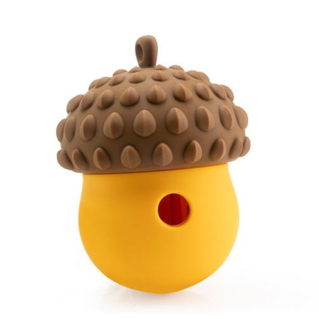 Yellow and brown acorn-shaped silicone baby teether with textured surface, designed for soothing teething pain. Safe, BPA-free infant chew toy.