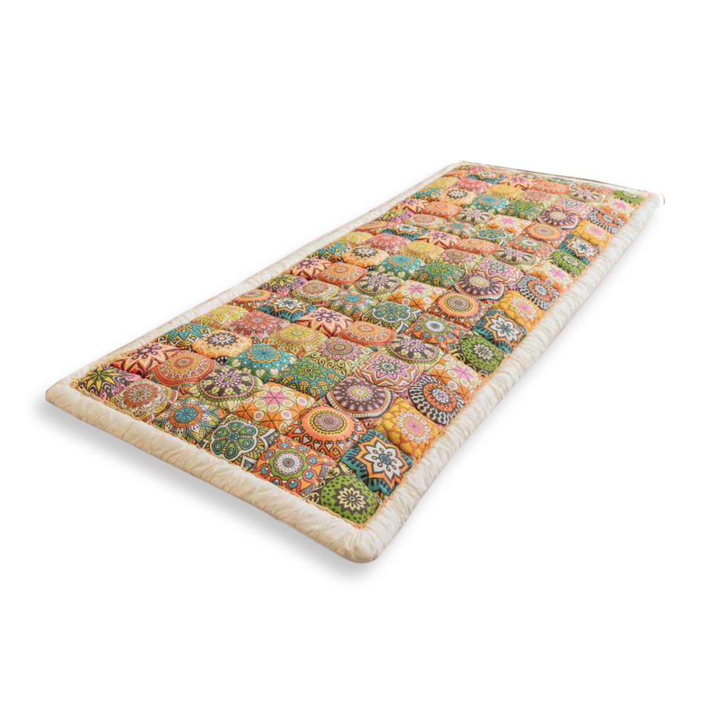 Colorful patchwork yoga mat with intricate mandala designs, featuring vibrant patterns and soft cushioning. Ideal for yoga, meditation, and home decor.