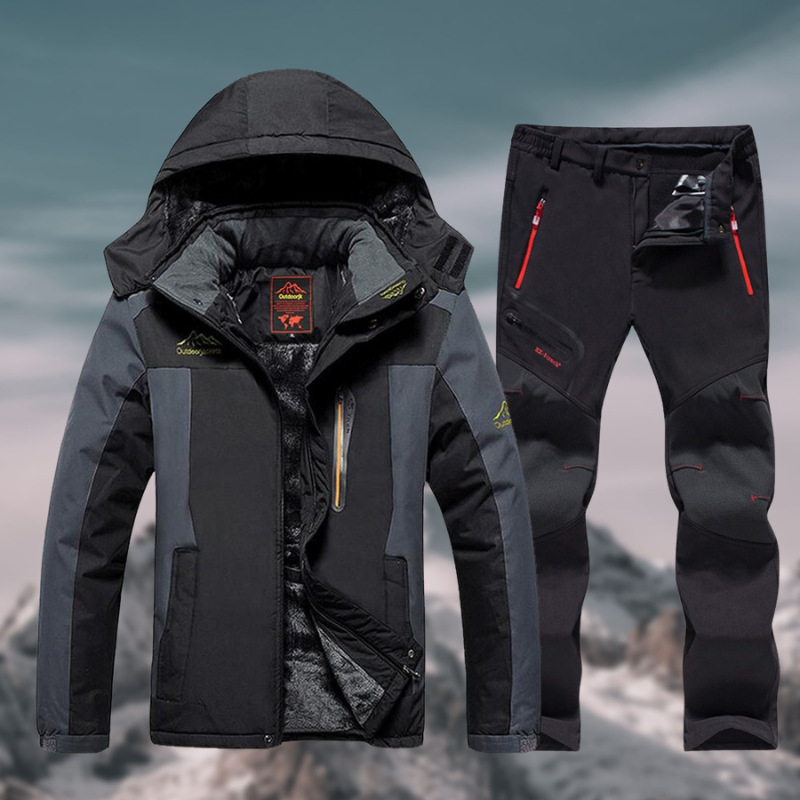 Men's black waterproof hiking jacket and pants set, outdoor winter gear, insulated, with hood.
