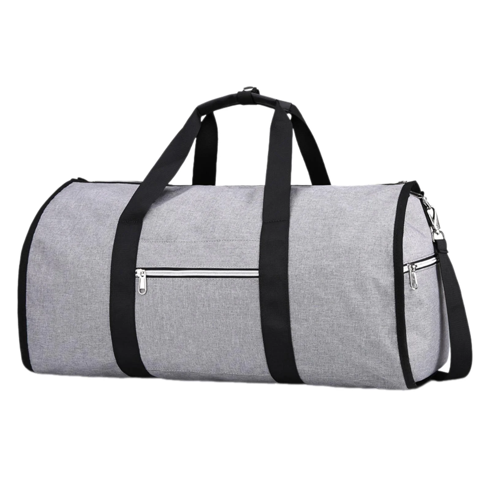 Gray duffel bag with black straps and zipper pockets, ideal for travel and gym use. Durable, spacious design for convenient storage and easy carrying.