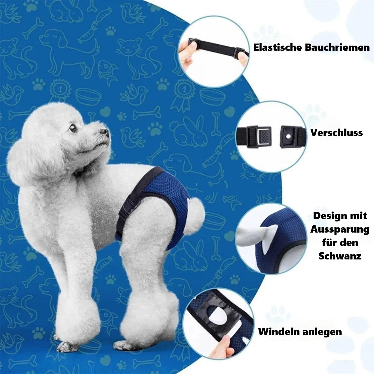 Dog diaper with elastic belly straps, secure closure, tail cutout design, and easy application. Ideal for pet hygiene and comfort.