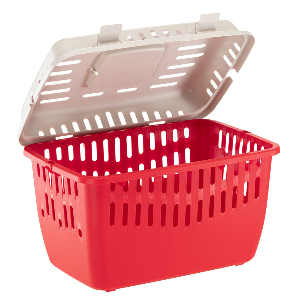 Red plastic storage basket with a hinged beige lid, ideal for organizing home or office supplies. Durable, versatile container for efficient storage solutions.