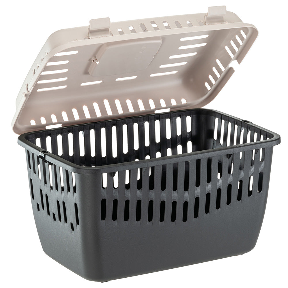 Open black plastic storage basket with beige lid, featuring ventilation slots. Ideal for organizing home or office spaces. Durable and versatile container.