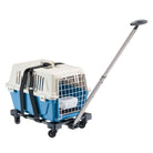 Pet carrier on wheeled trolley with extendable handle, featuring secure straps and ventilation. Ideal for convenient pet transport and travel.