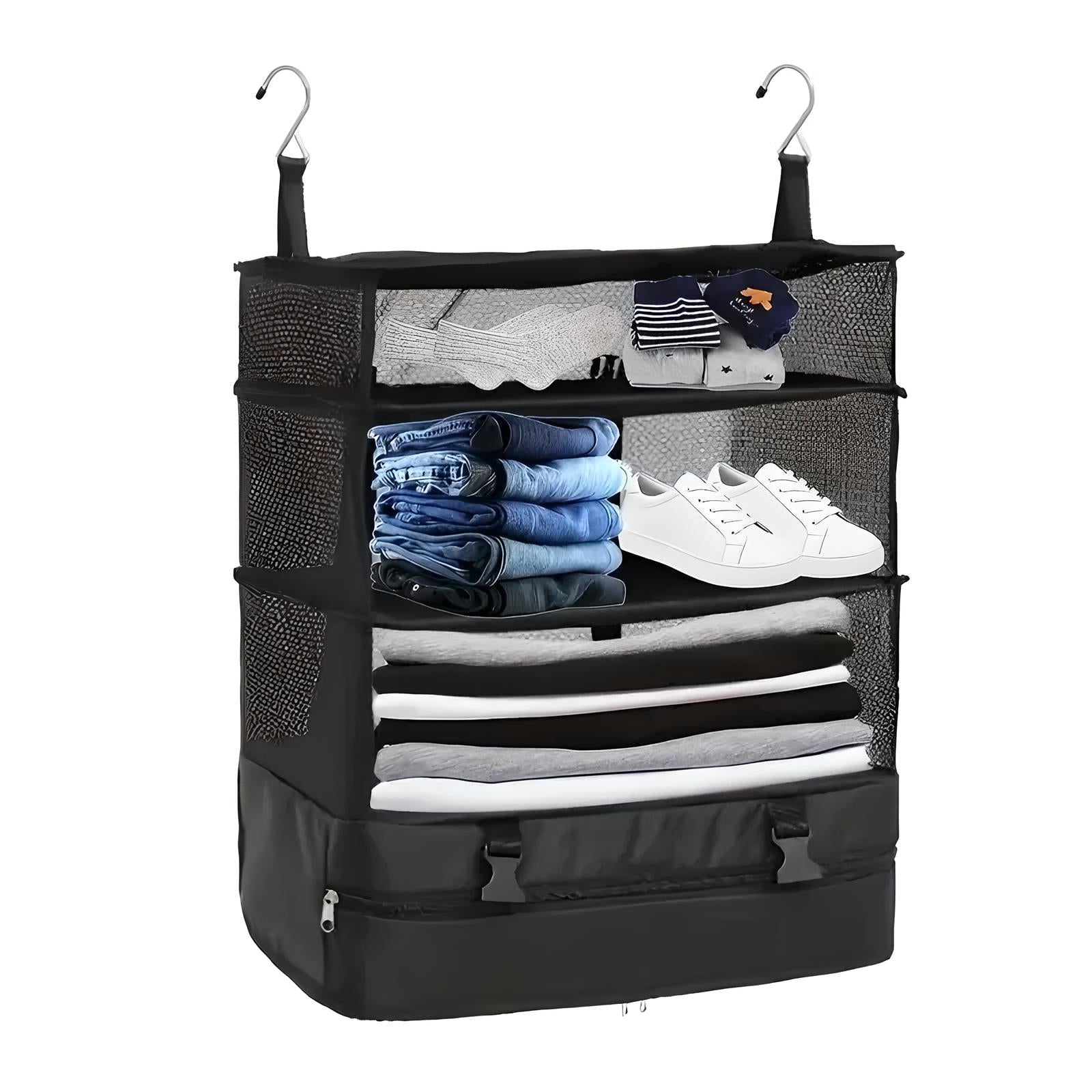 Hanging closet organizer with shelves, featuring folded clothes, shoes, and accessories. Ideal for maximizing storage space and organizing wardrobes.