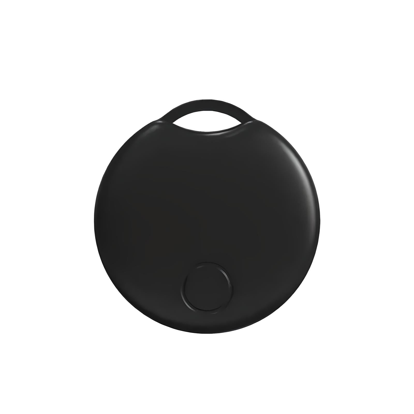 Sleek black wireless Bluetooth tracker with compact round design, ideal for locating keys, wallets, and bags. Smart tracking device for easy item recovery.