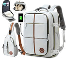 White travel backpack with USB charging port, shoe compartment, and matching crossbody bag. Ideal for travel, school, or work. Durable and stylish design.