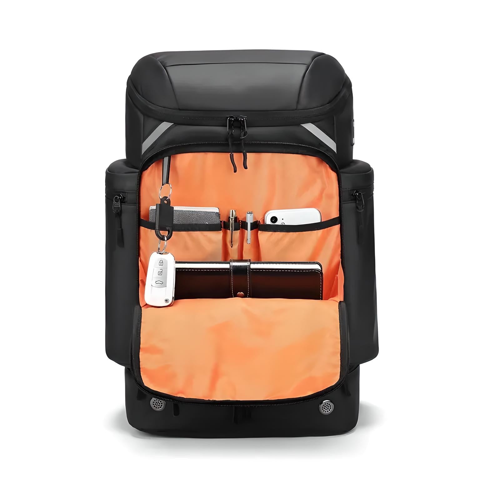 Black travel backpack with orange interior, featuring organized compartments for gadgets, laptop, and accessories. Ideal for tech-savvy travelers.