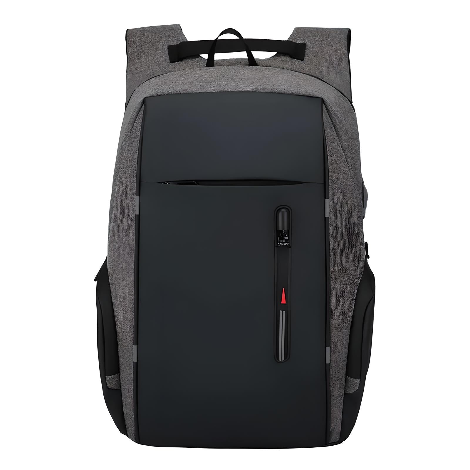 Sleek black and gray anti-theft backpack with USB charging port, ergonomic design, and multiple compartments. Ideal for travel and daily use.