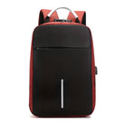 Sleek black and red anti-theft backpack with USB charging port, ergonomic design, and durable material. Ideal for travel, school, and work.