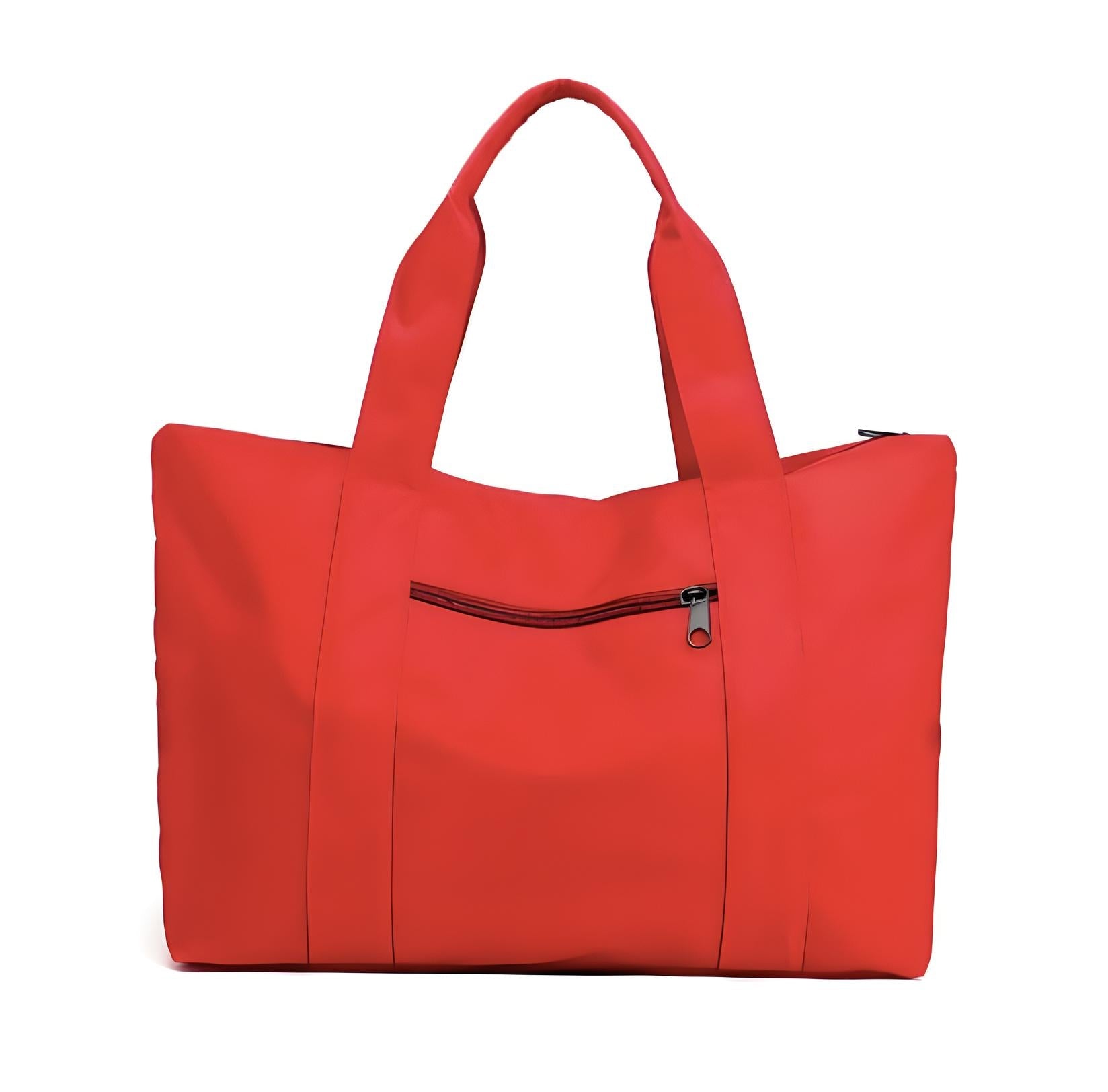 Red tote bag with zipper pocket, durable handles, and sleek design. Perfect for travel, shopping, or daily use. Stylish and functional accessory.