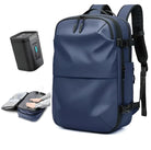 Blue waterproof travel backpack with multiple compartments, adjustable straps, and a portable power bank. Ideal for hiking, camping, and outdoor adventures.