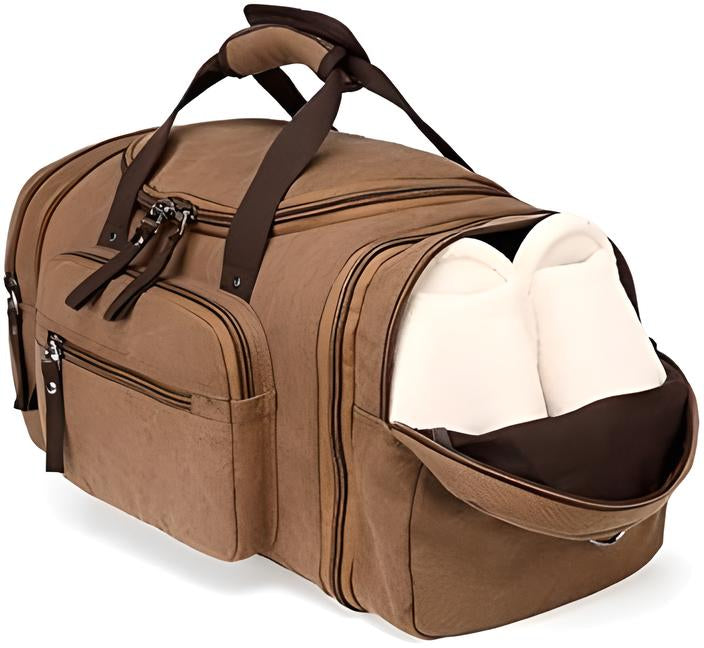 Brown travel duffel bag with multiple compartments, featuring a side pocket holding white shoes. Ideal for gym, sports, or weekend trips.