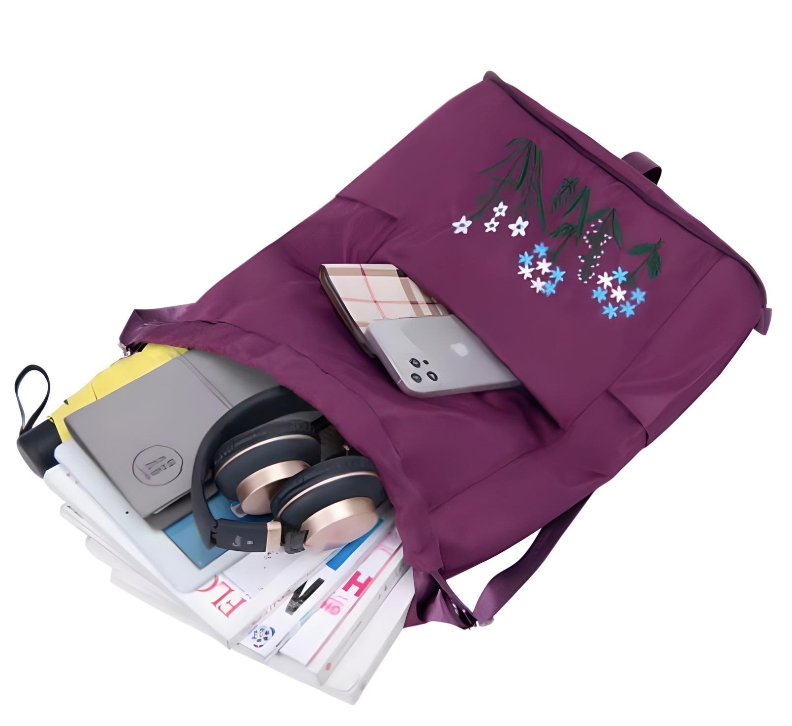 Purple backpack with floral embroidery, open to reveal books, headphones, smartphone, and stationery. Ideal for students. Stylish school bag.