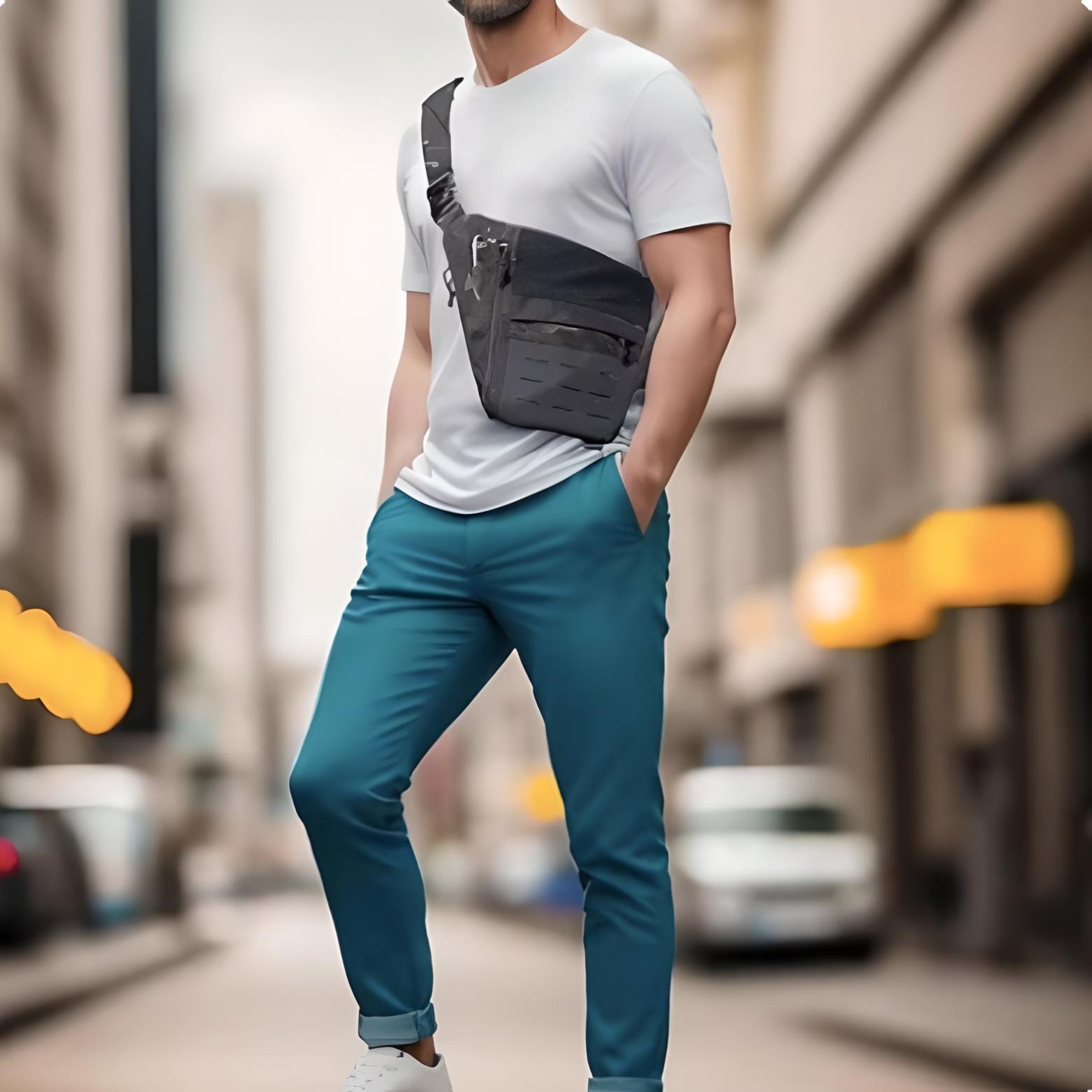 Man wearing a white t-shirt, teal pants, and a black crossbody bag standing on an urban street. Fashionable casual outfit, city style.