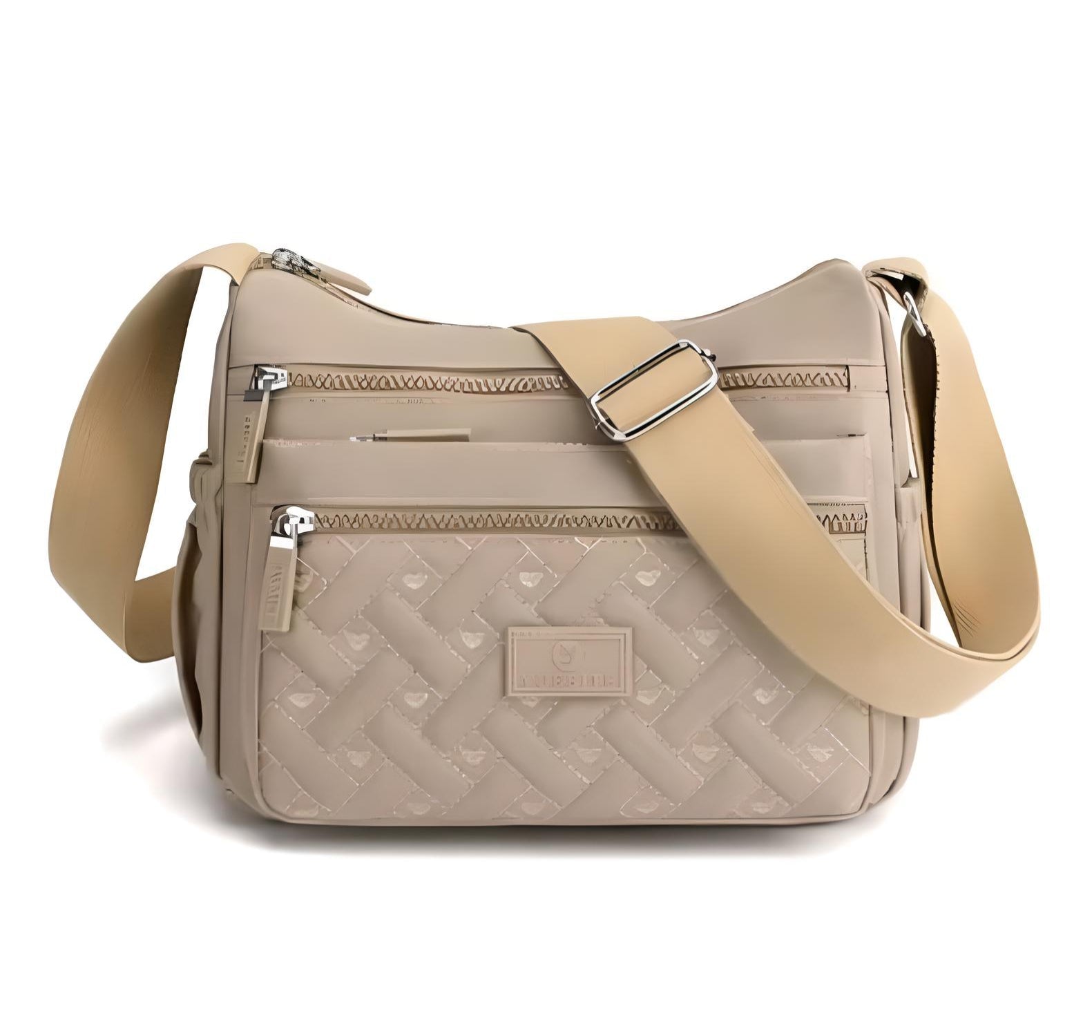 Beige crossbody bag with quilted pattern, adjustable strap, multiple zippered pockets, and sleek design. Perfect for fashion-forward, everyday use.