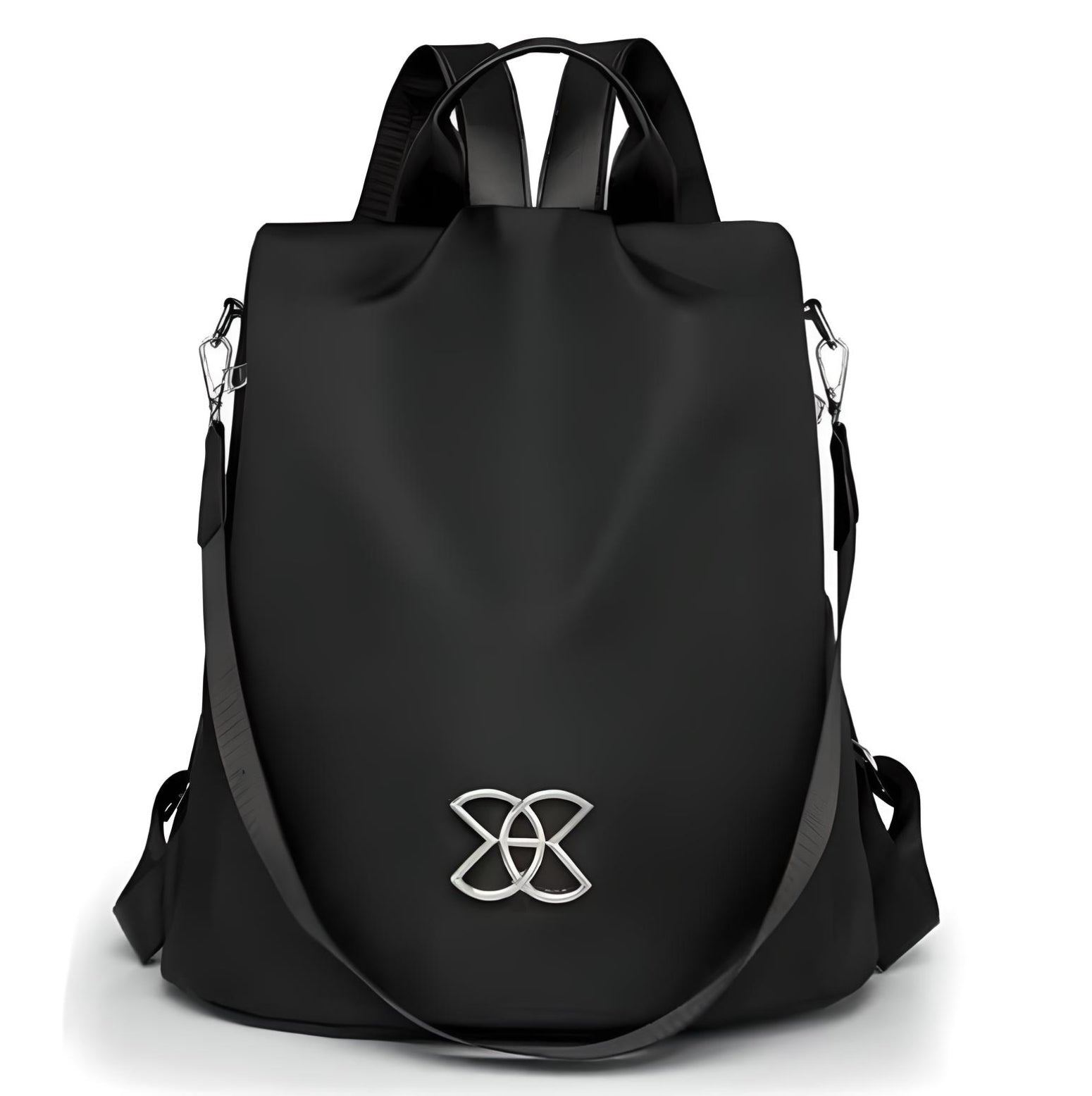 Sleek black backpack with silver logo, featuring adjustable straps and modern design. Perfect for travel, school, or work. Durable and stylish.