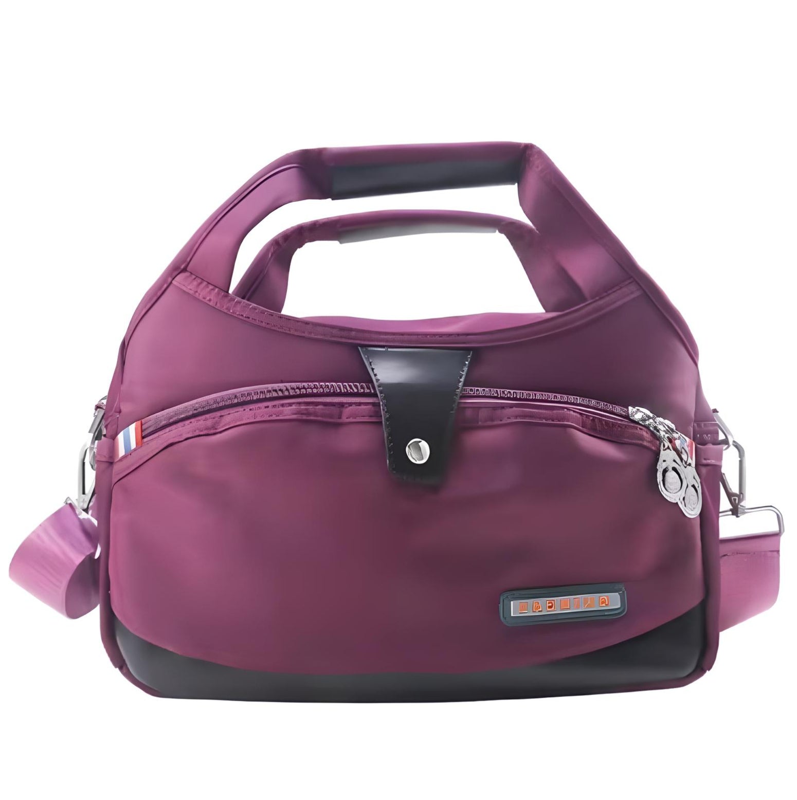 Purple nylon handbag with top handles, front zipper pocket, and adjustable shoulder strap. Stylish, durable, and versatile women's accessory.