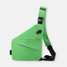 Green crossbody sling bag with adjustable strap, modern geometric design, and secure buckle. Ideal for travel, outdoor activities, and daily use.