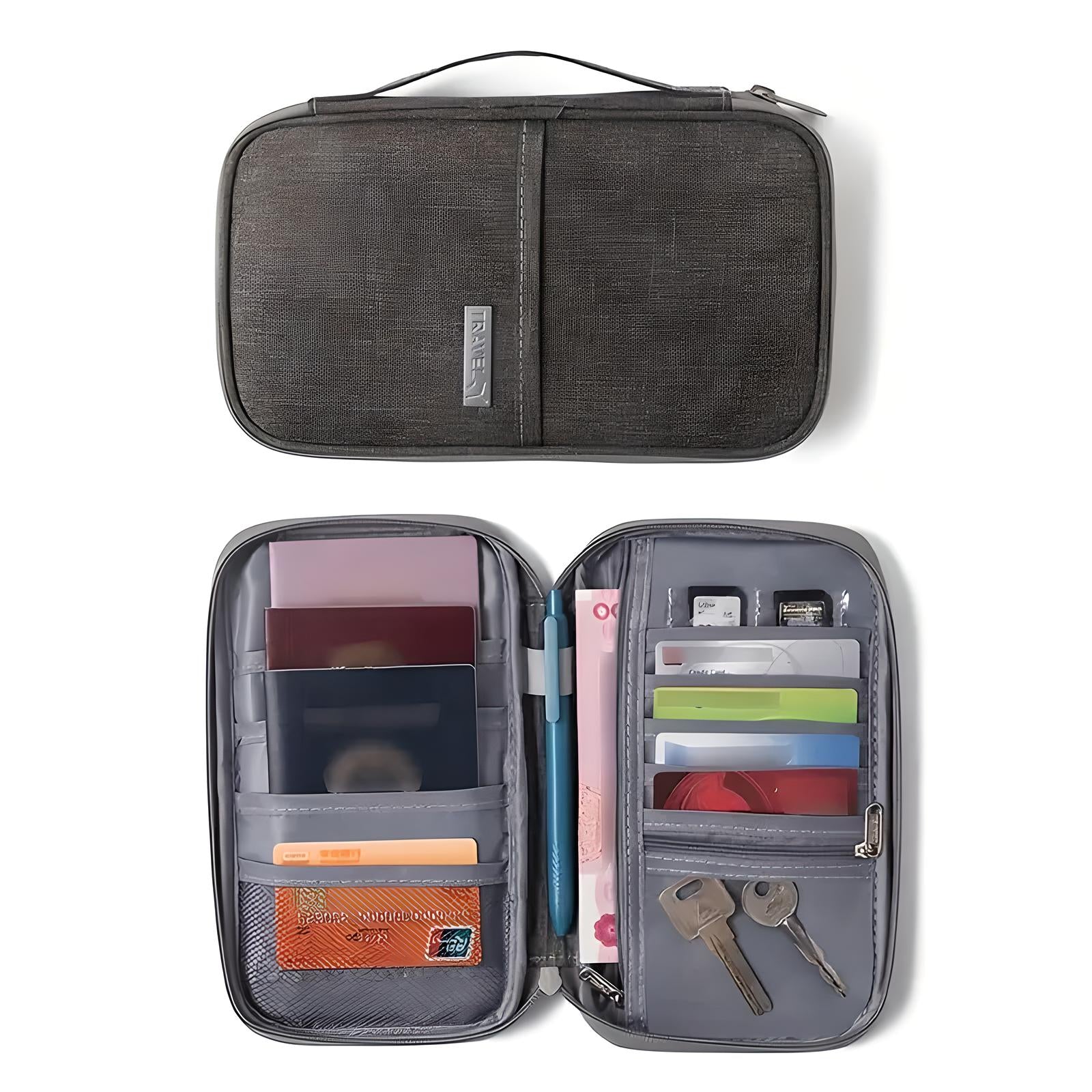 Travel document organizer with multiple compartments for passports, credit cards, pen, keys, and SIM cards. Compact, durable, and ideal for travel.