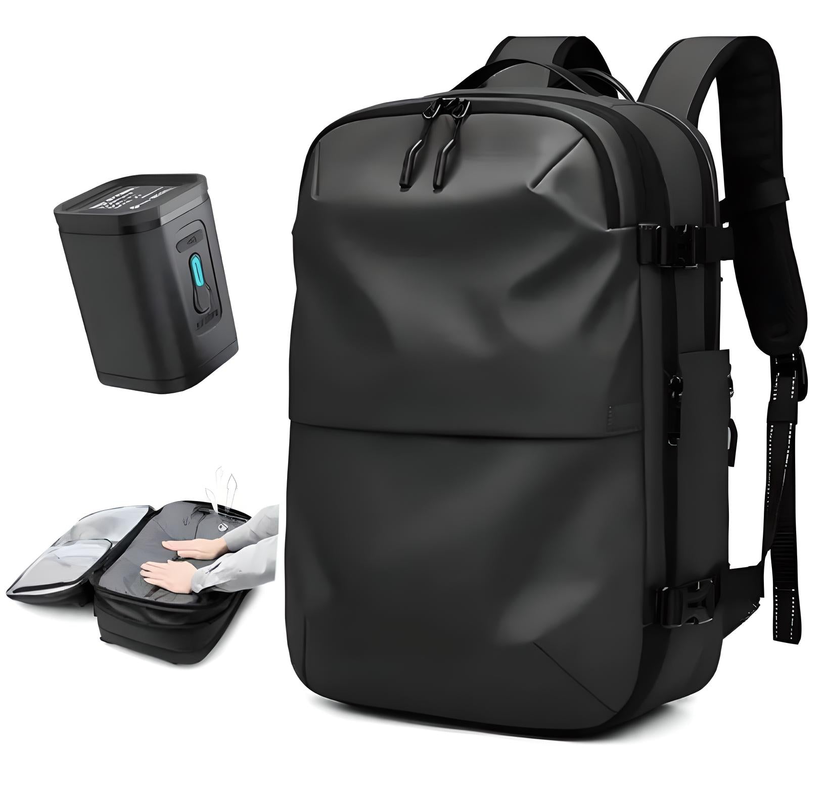 Sleek black travel backpack with multiple compartments, USB charging port, and ergonomic design. Ideal for tech-savvy travelers and commuters.