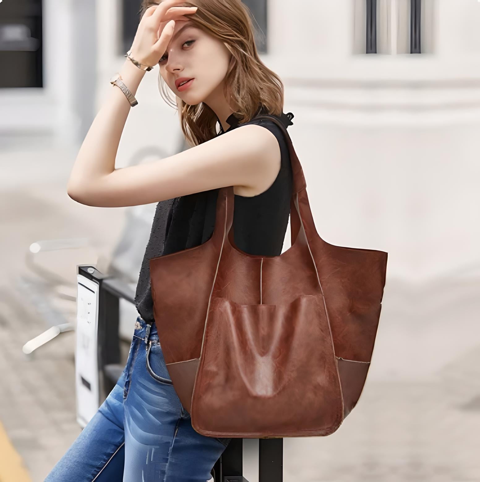 Woman with stylish brown leather tote bag, wearing casual black top and jeans, standing outdoors. Fashionable accessory, street style.