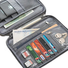 Travel document organizer with multiple compartments for passports, credit cards, cash, and keys. Ideal for secure travel storage and organization.